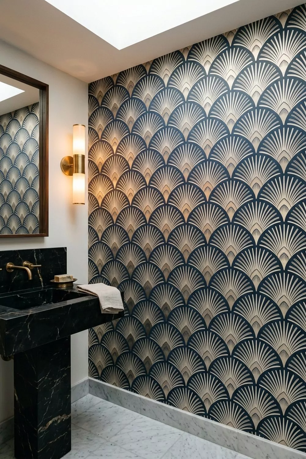 Powder room accent wall covered in navy and champagne metallic art deco fan pattern wallpaper with black marble pedestal sink and brass sconce