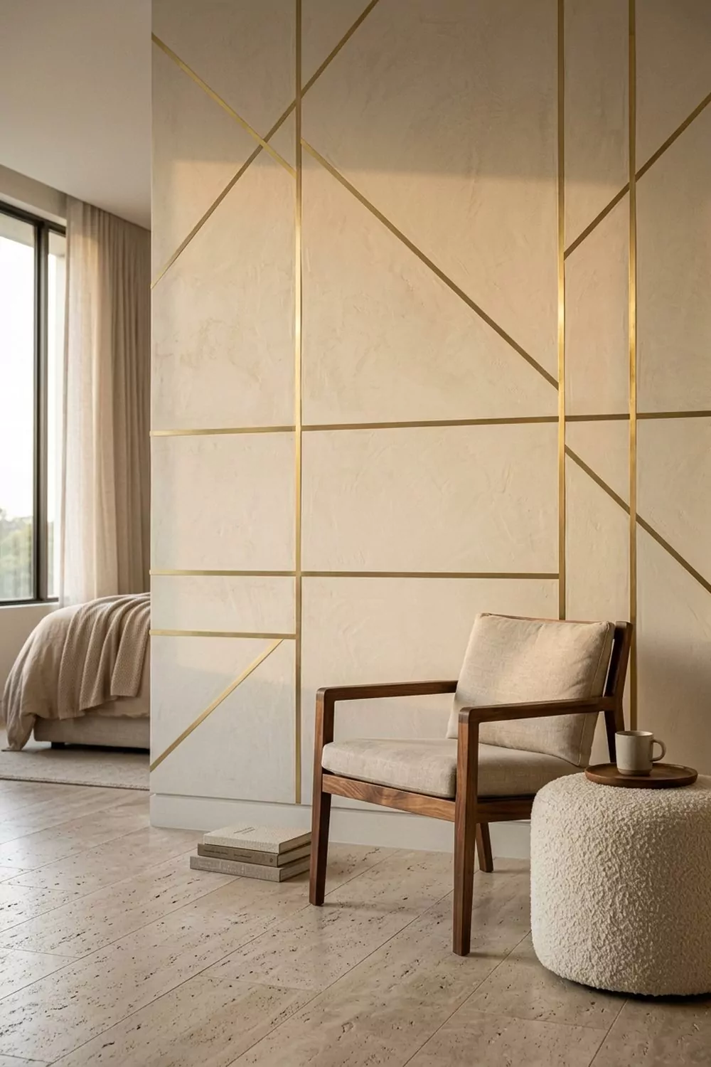 Sitting area with warm hand-troweled plaster wall featuring thin brushed brass inlay lines in a geometric grid, walnut reading chair and ivory boucle ottoman