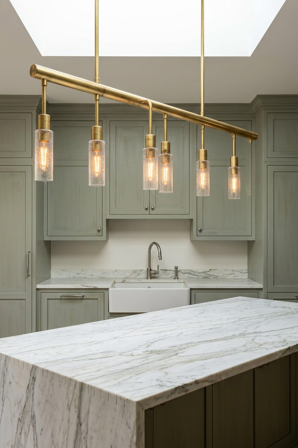 Long brass linear chandelier with seedy glass cylinders hanging above a Calacatta marble waterfall island in a sage green Shaker kitchen