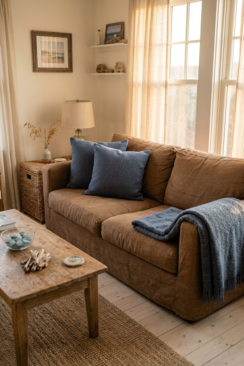 Brown linen sofa with dusty blue pillows and slate throw in a coastal living room with driftwood coffee table and sheer curtains