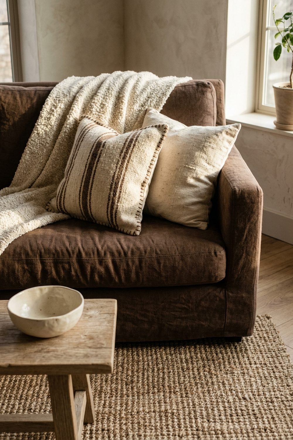 Layered cream and brown textiles on a deep brown sofa with striped wool pillow and boucle throw in a living room