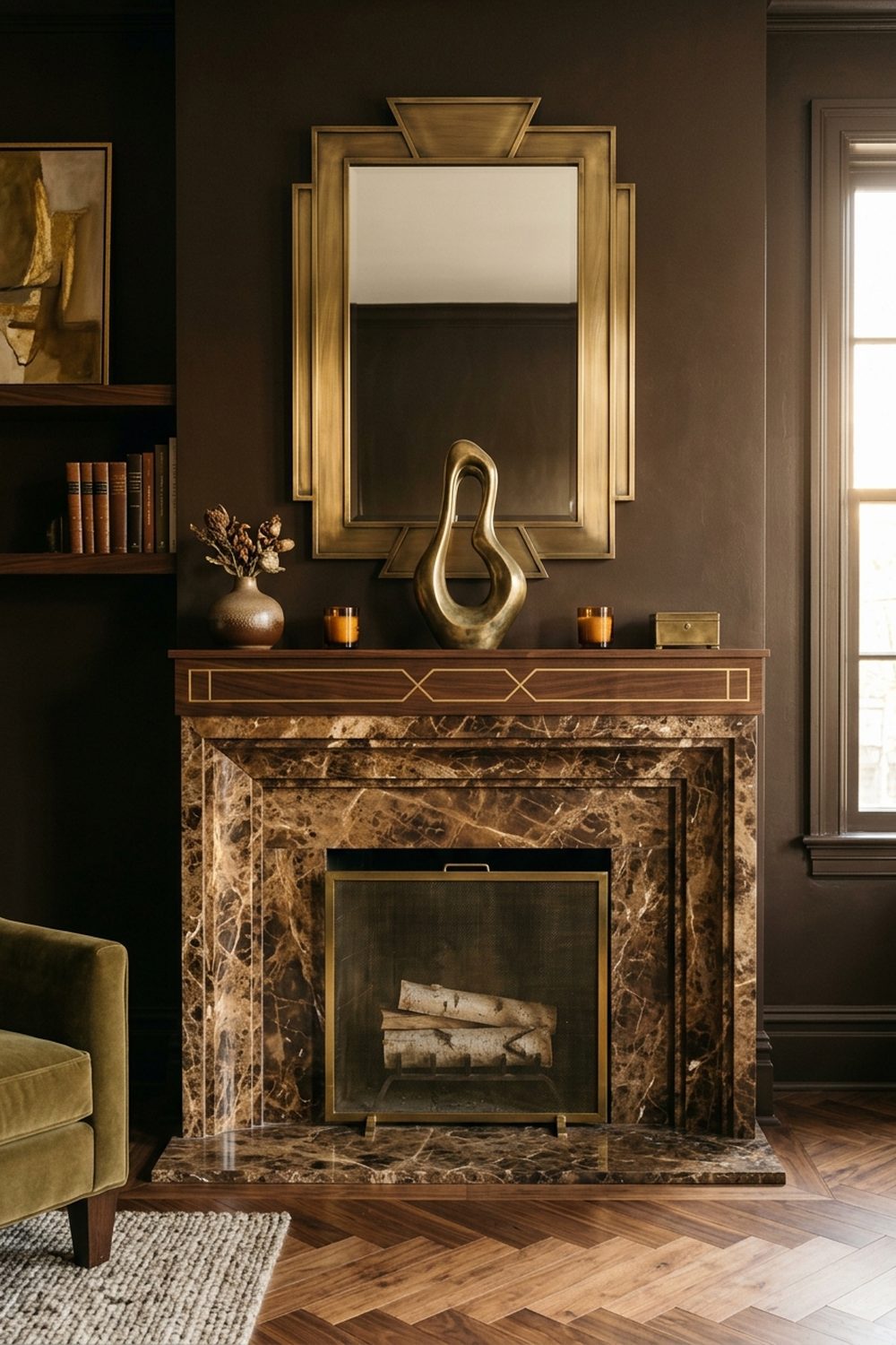 Art Deco brown marble fireplace mantel with brass geometric mirror and sculptural gold accents in a dark living room