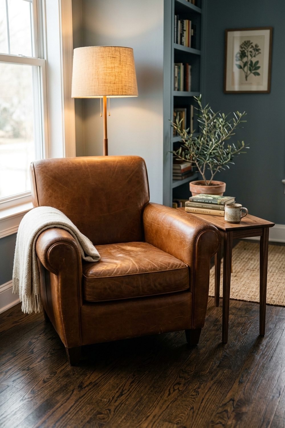 Cognac brown leather armchair in a cozy reading nook with walnut side table, books, and linen shade floor lamp