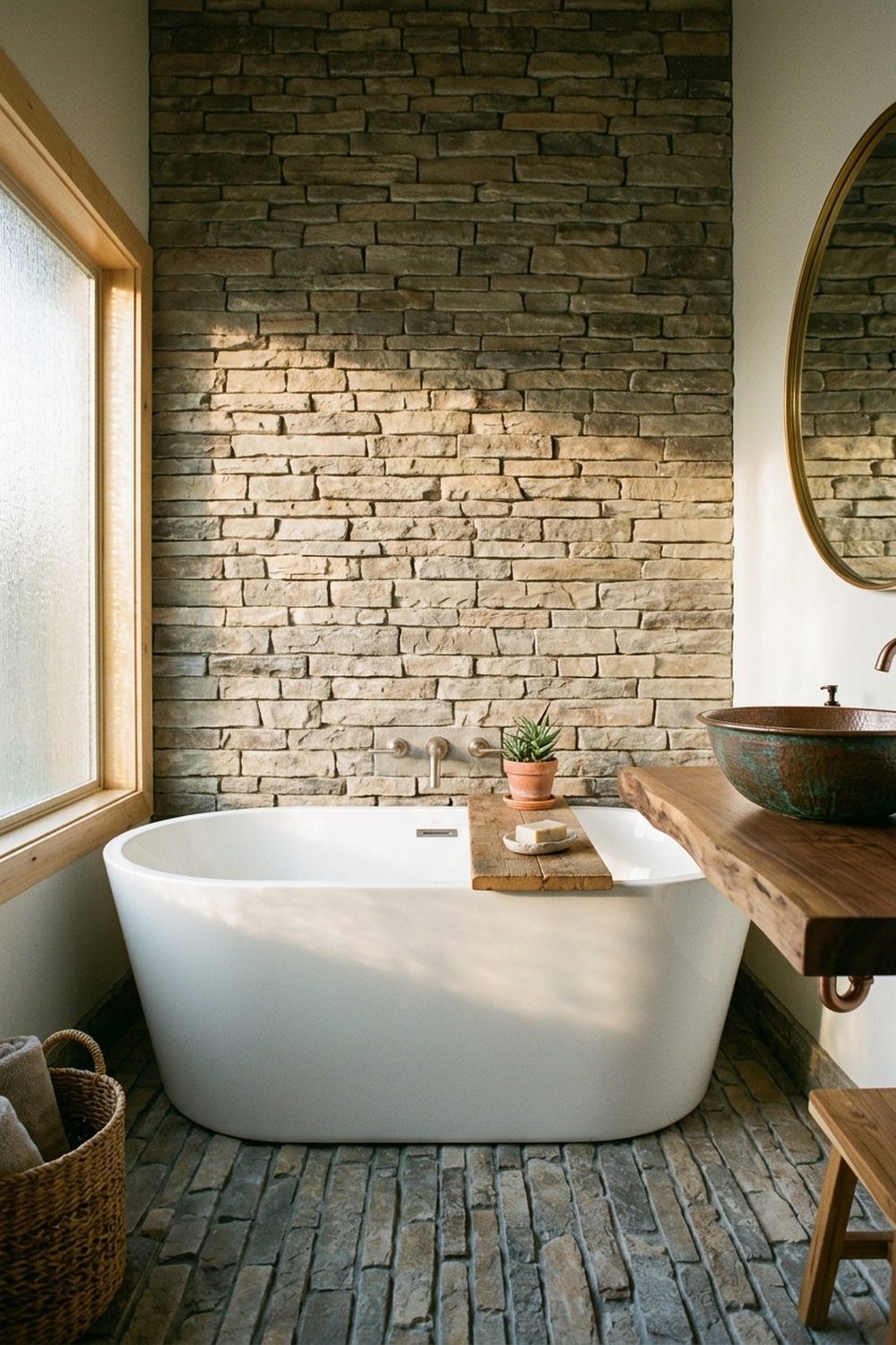 Cabin bathroom with freestanding soaking tub on stacked natural stone tile floor, live-edge walnut vanity with hammered copper vessel sink