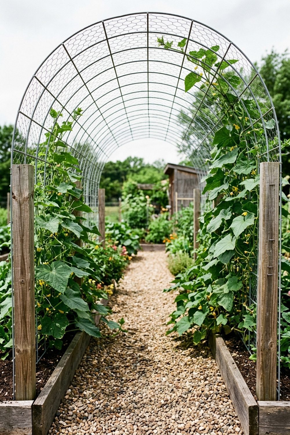 Galvanized cattle panel arched tunnel trellis over a gravel path between raised beds with climbing cucumber vines