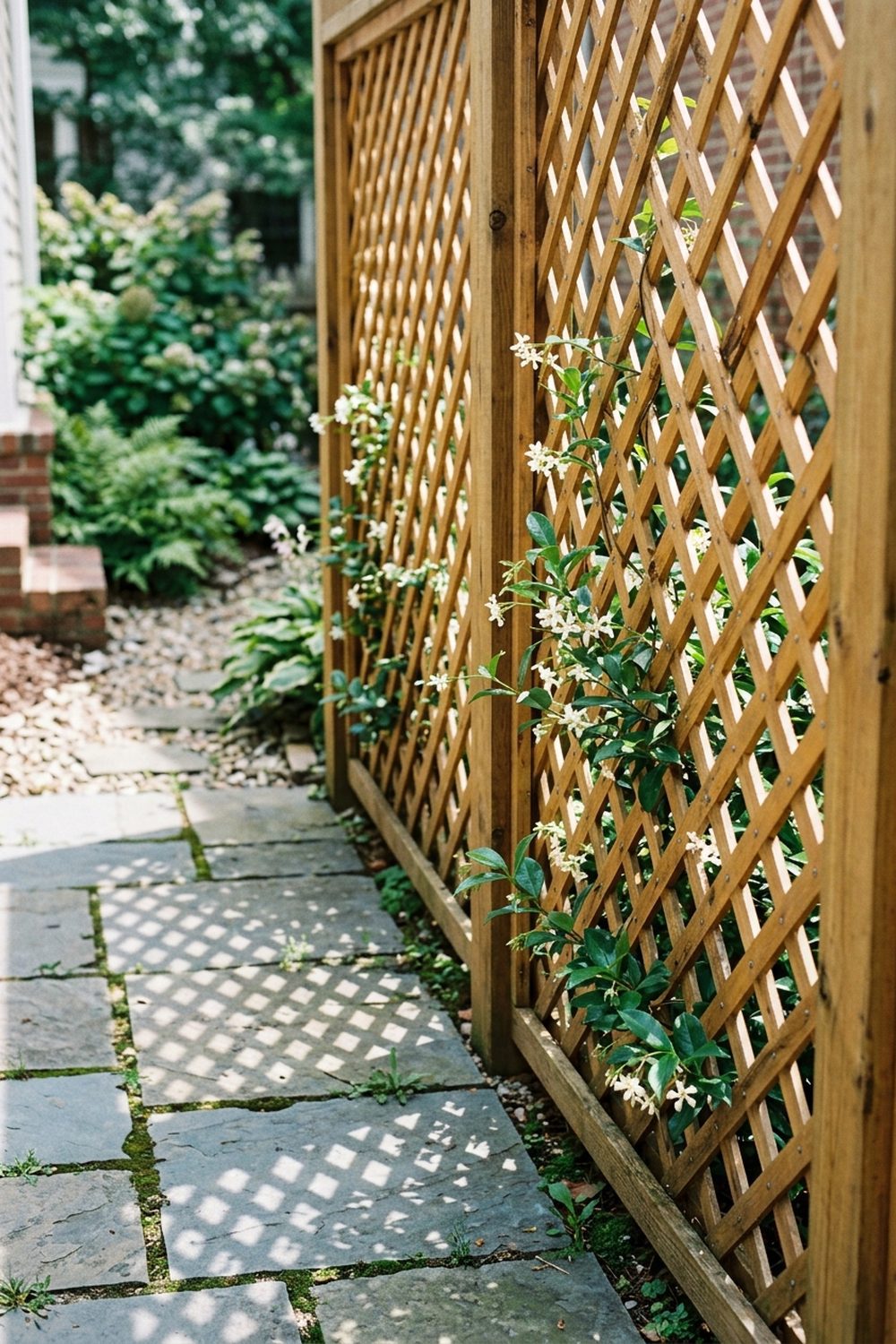 Honey-toned cedar lattice privacy trellis panel with star jasmine weaving through the diamond pattern along a flagstone side yard path