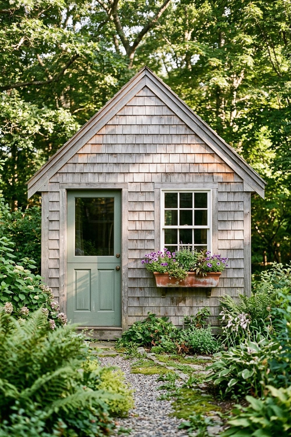 Cedar shingle she shed with weathered natural cedar siding, steep gable, flower box under a divided light window and a sage green Dutch door
