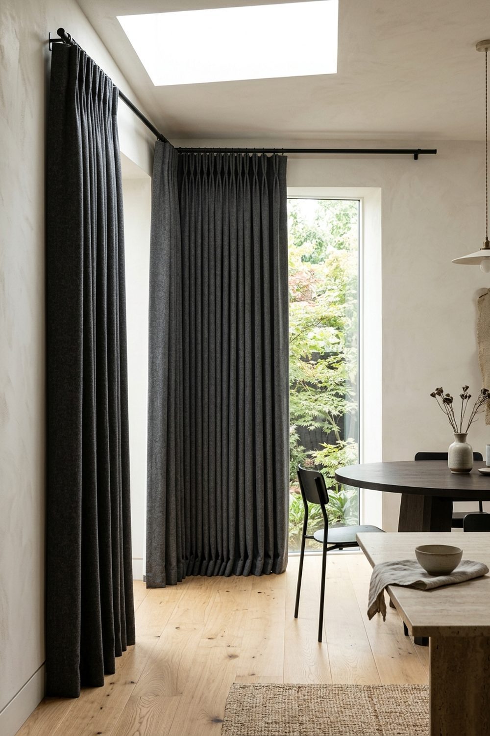 Charcoal gray pinch pleat japandi curtains in a modern dining room with light oak floor, black iron rod, and garden view window
