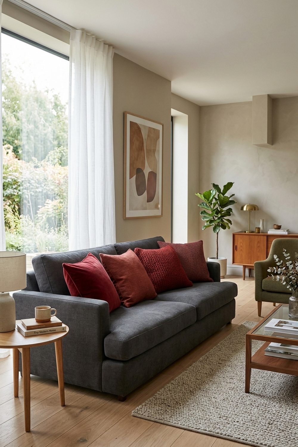 Charcoal grey living room sofa with red throw pillows in velvet and linen textures