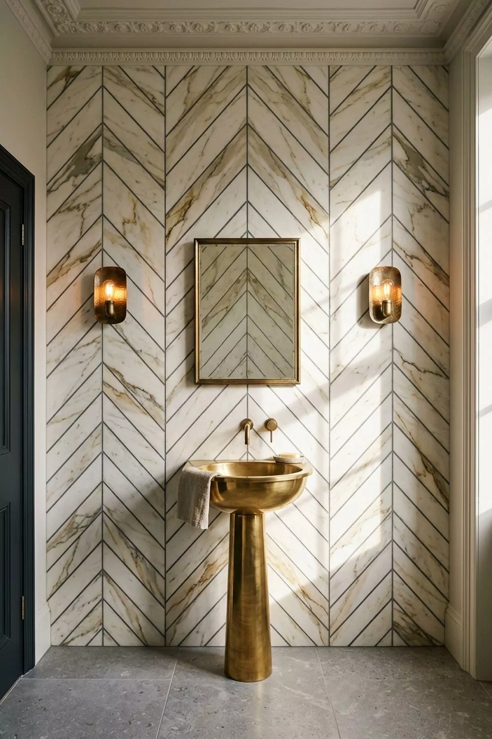 Powder room with floor to ceiling chevron Calacatta marble accent wall, brass pedestal sink, antiqued brass sconces and ornate ceiling molding