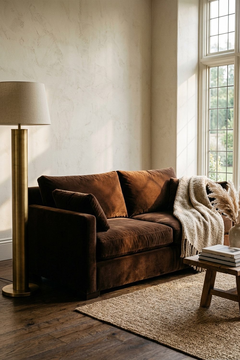 Chocolate brown velvet sofa with cream throw and brass floor lamp in a warm living room with plaster walls