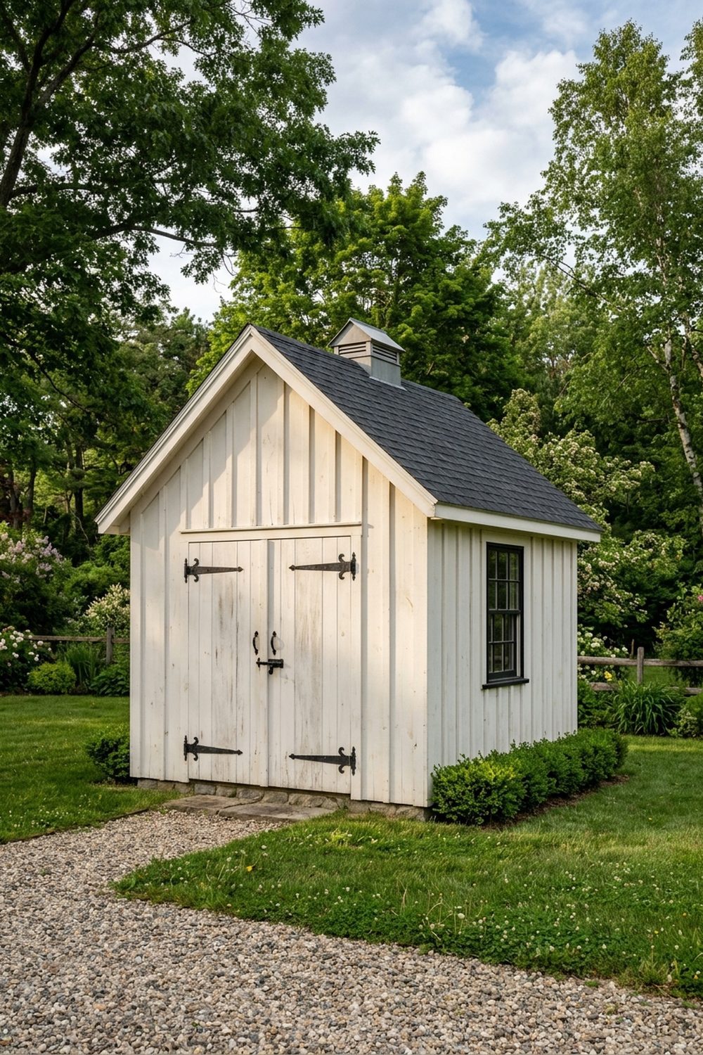 White board and batten farmhouse shed with black strap hinges, gable roof, cupola and gravel path in a green backyard