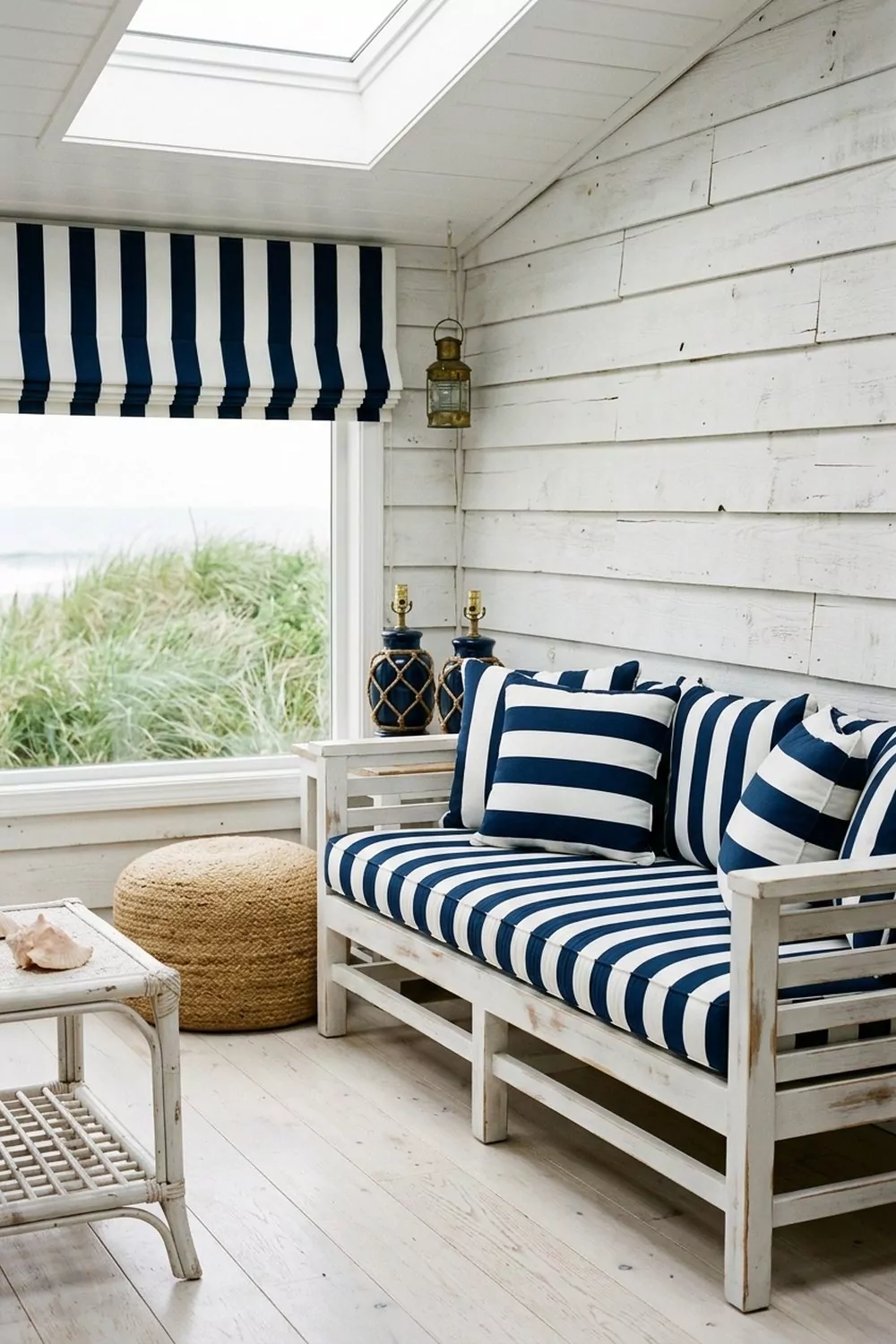 Coastal blue striped pool cabana lounge with navy and white awning striped cushions, white shiplap walls, jute pouf and beach grass view