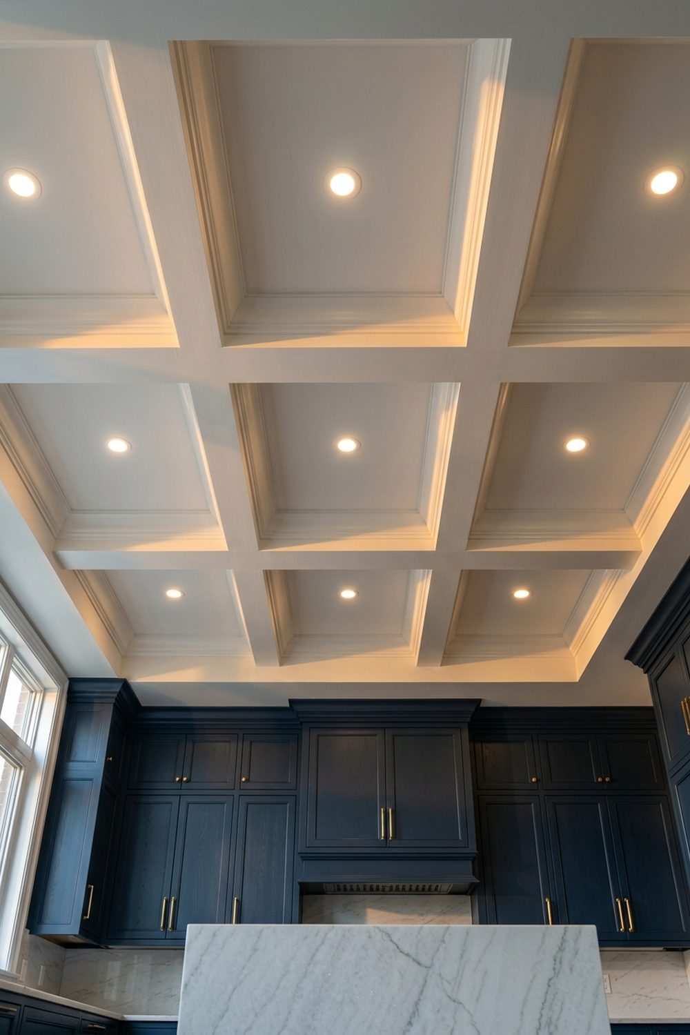 Painted white coffered kitchen ceiling with nine recessed downlights centered in each coffer well above navy blue inset cabinetry