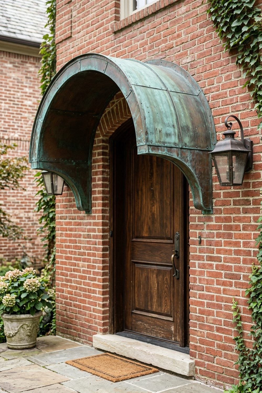 Copper curved front door awning with verdigris patina arching over a walnut stained carved wood door on a red brick home