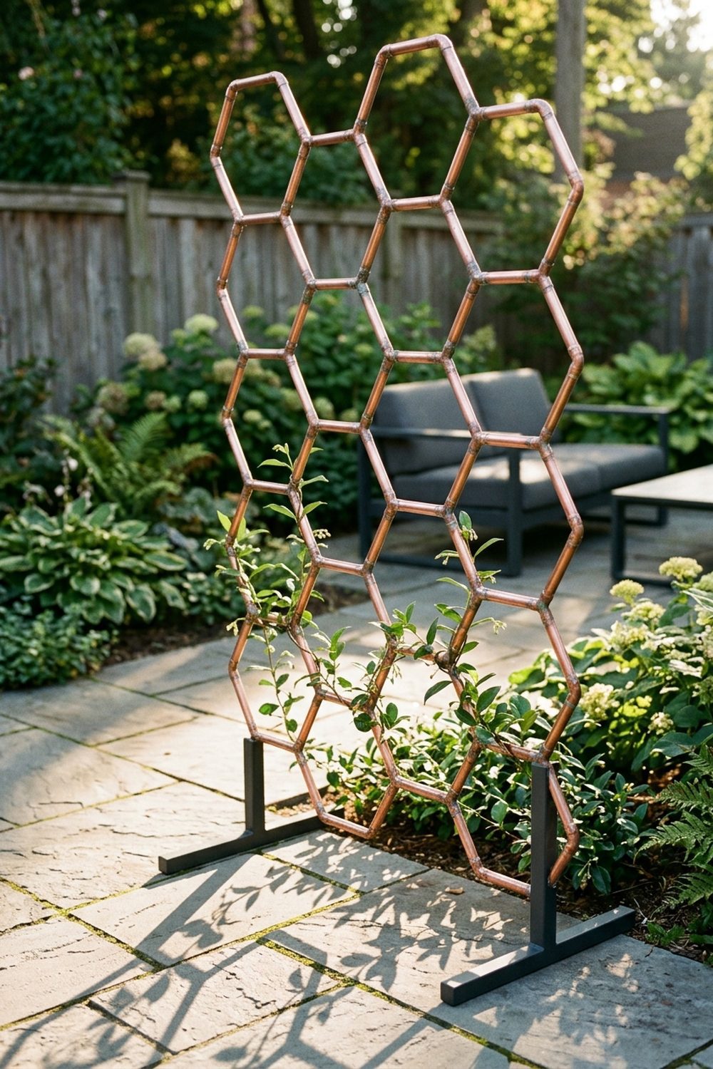 Copper pipe geometric trellis with hexagonal pattern in a modern garden patio with climbing jasmine vines