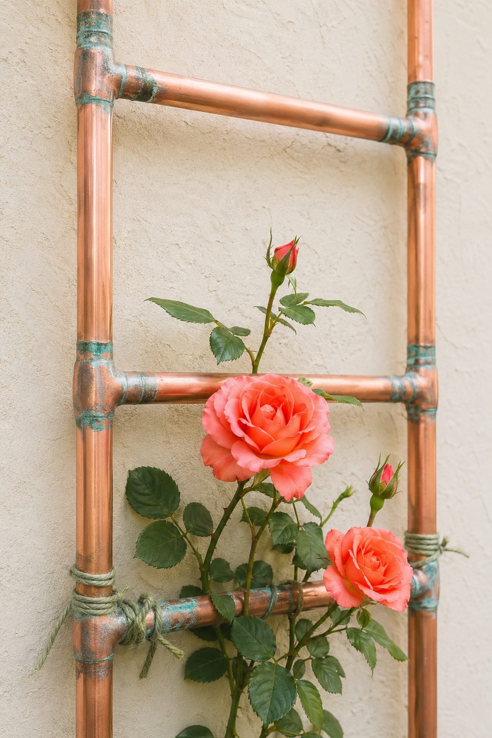 Copper pipe ladder rose trellis with developing patina mounted against a stucco wall, training a coral climbing rose with elegant horizontal rungs