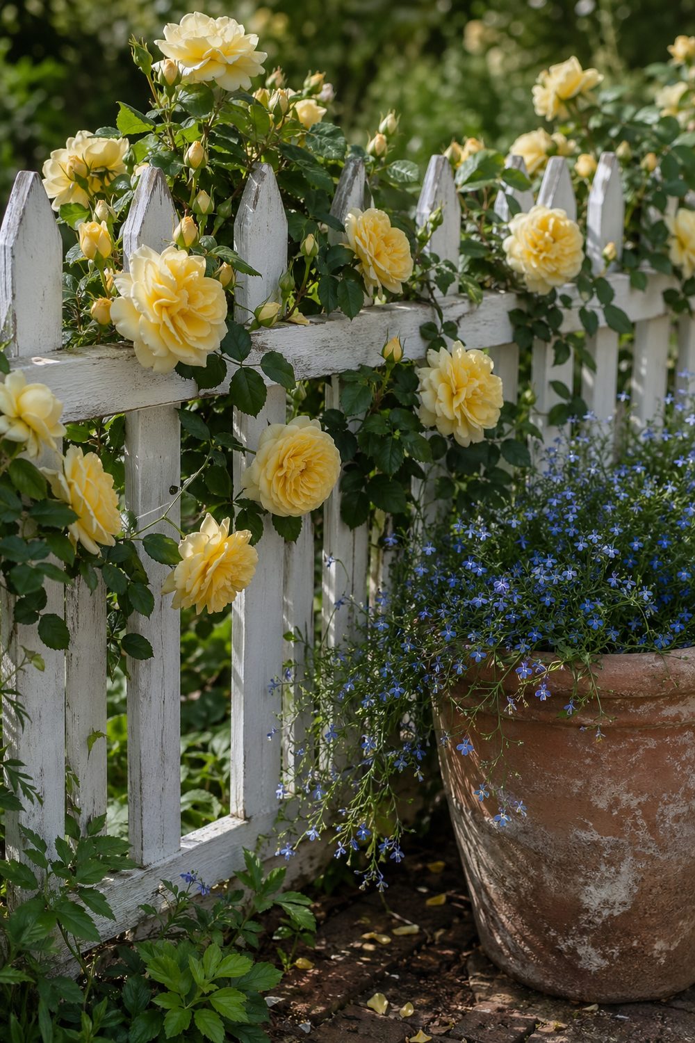 White picket fence rose trellis with cascading butter yellow climbing roses tied along the rails, cottage garden vignette in soft morning light