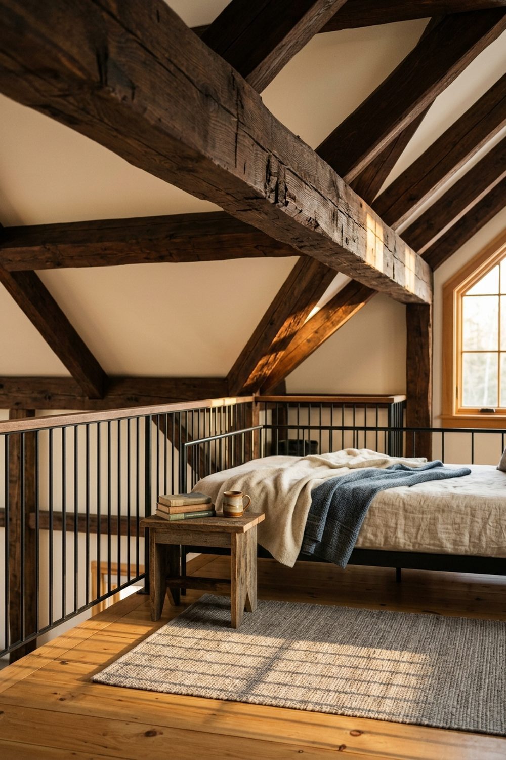 Cozy cabin loft with dark walnut exposed timber beams, daybed with wool blankets, and iron railing overlooking the living area below