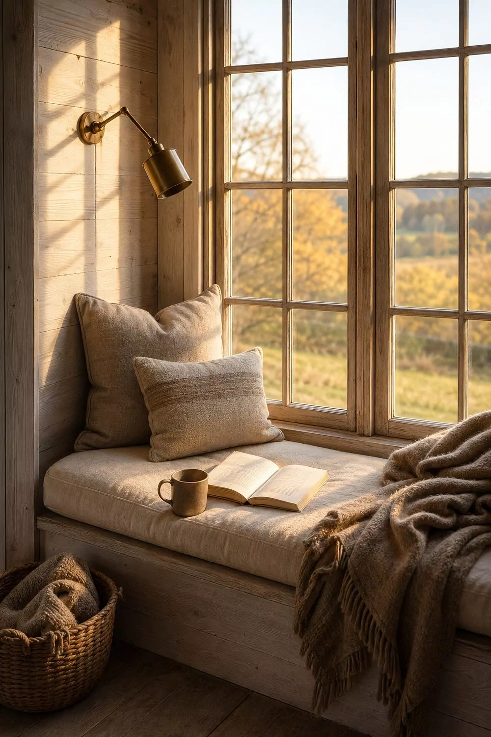 Cozy barn window seat reading nook with multi pane wooden window, cream linen cushion, taupe wool throw, ceramic mug, open hardcover book, brass swing arm sconce