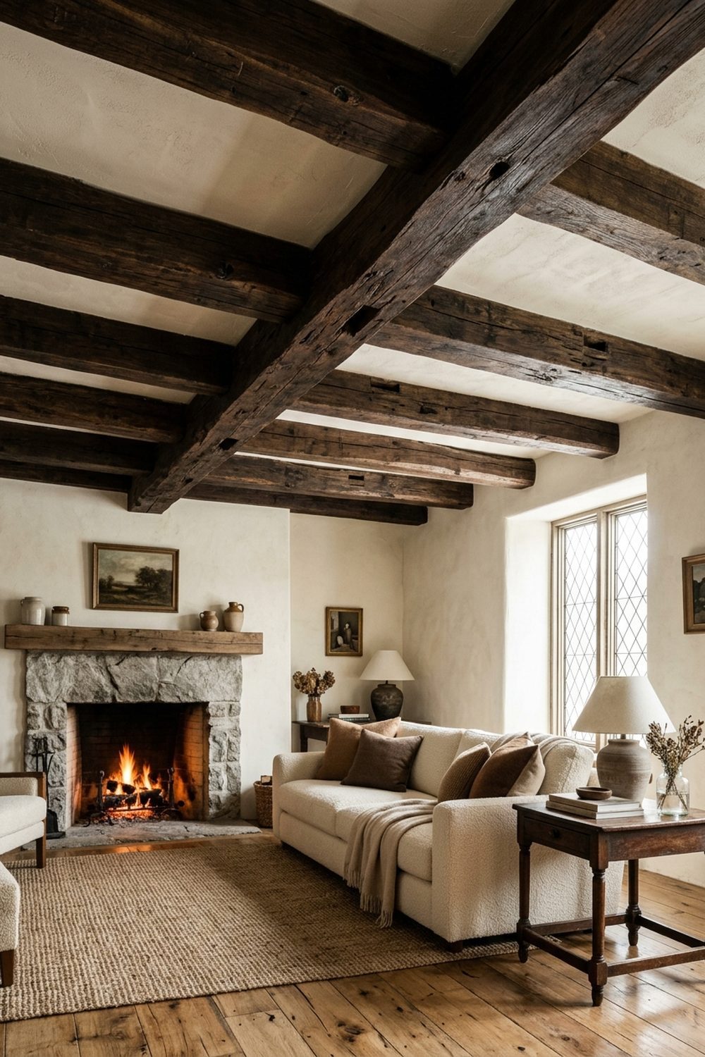 Dark brown reclaimed wood beam ceiling over a cream boucle sofa and stone fireplace in a warm living room