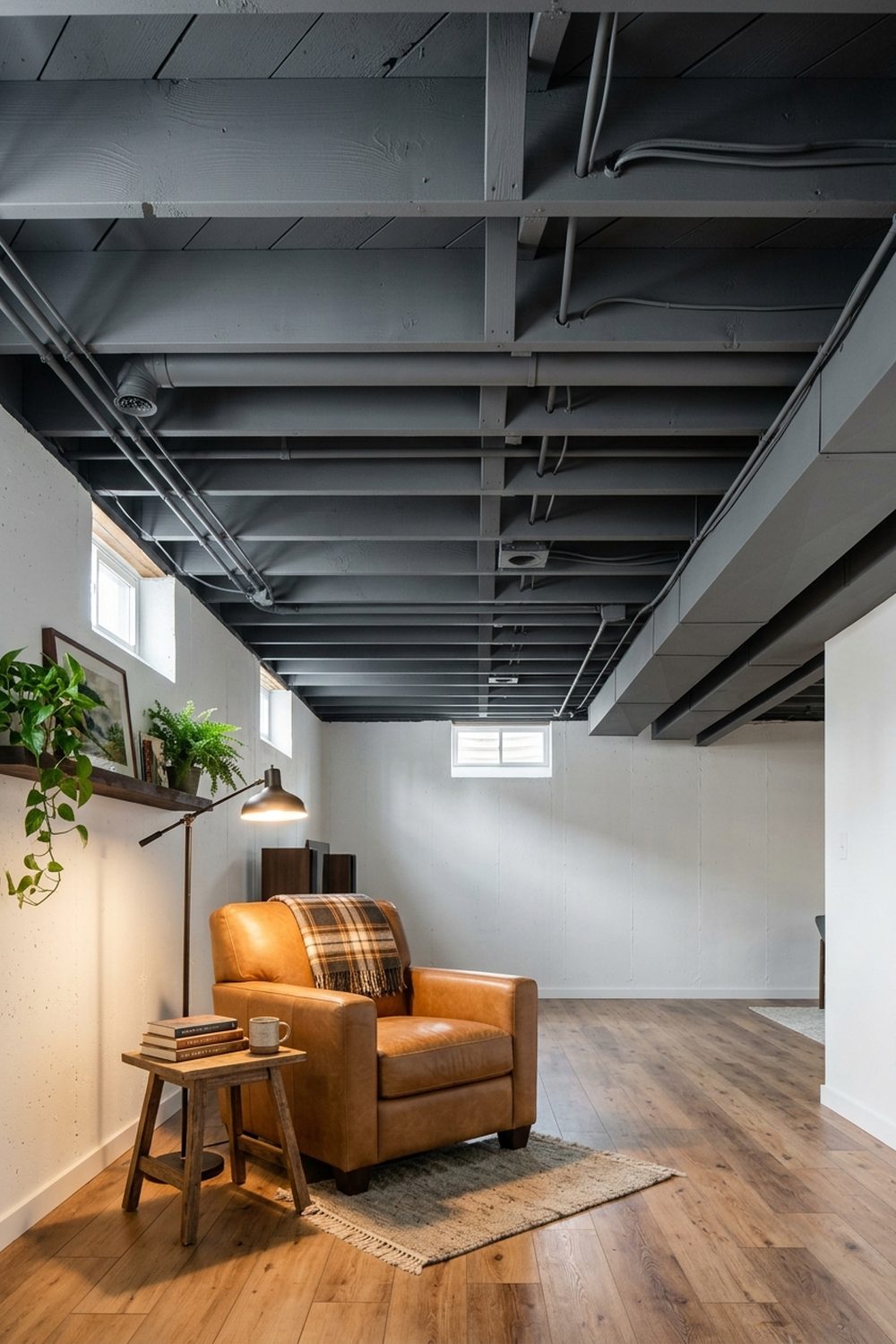 Dark Gray Spray Painted Basement Ceiling