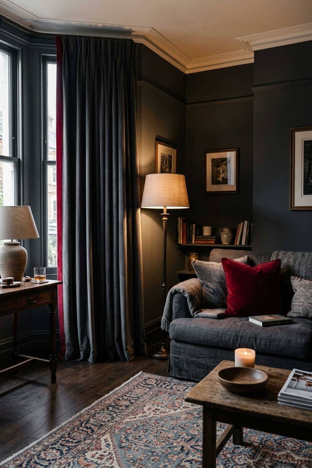 Dark charcoal grey living room with full length charcoal curtains and crimson red accents
