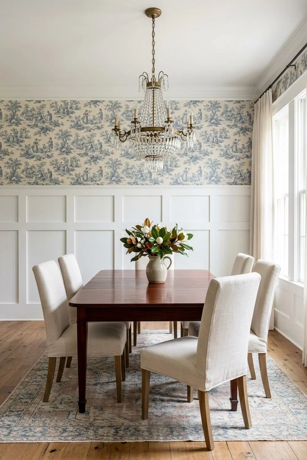 Formal dining room with classic blue-and-cream toile wallpaper above crisp white wainscoting and an antique mahogany table