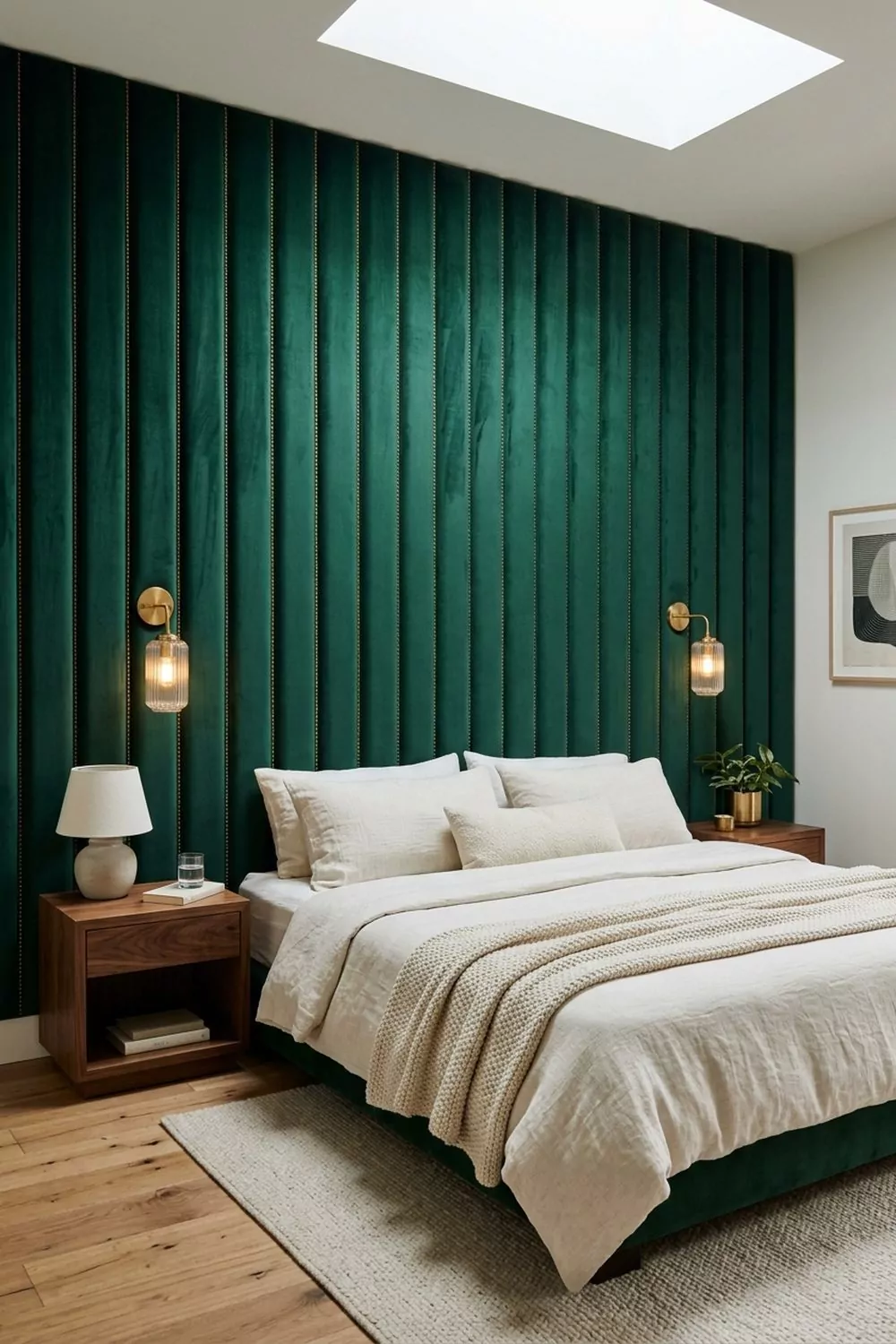 Primary bedroom headboard wall upholstered in deep emerald velvet with vertical channel tufting and brass nailhead trim, ivory linens and walnut nightstands