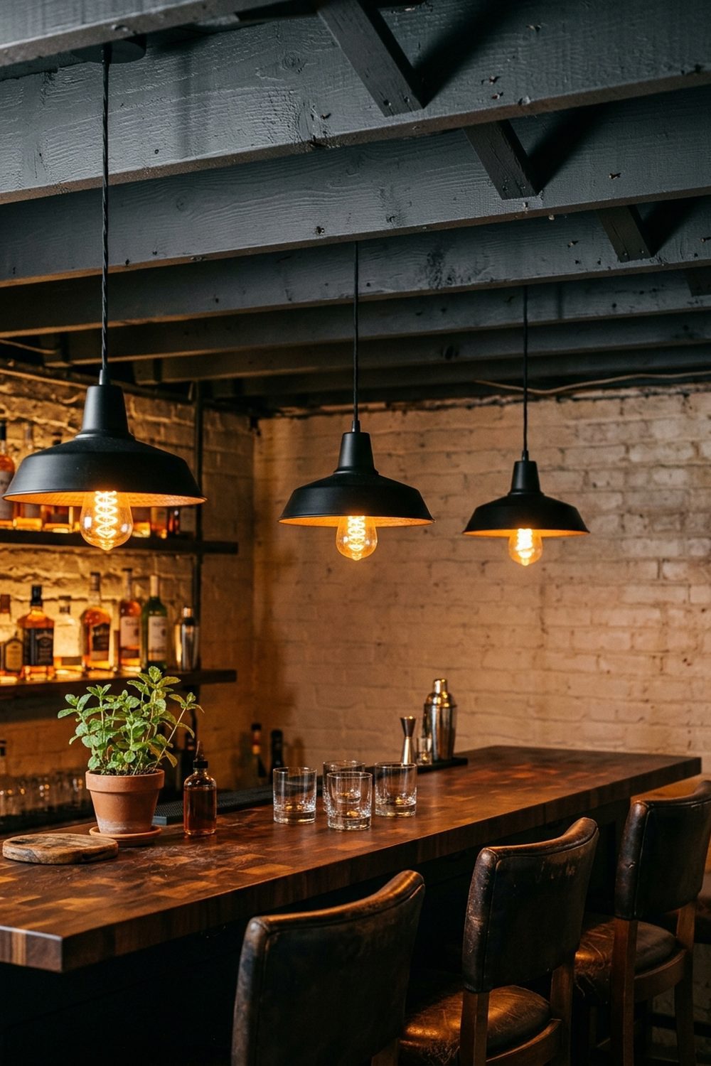 Exposed Ceiling with Pendant Light Fixtures Basement bar with three matte black pendant lights hanging from exposed ceiling joists above a reclaimed wood counter