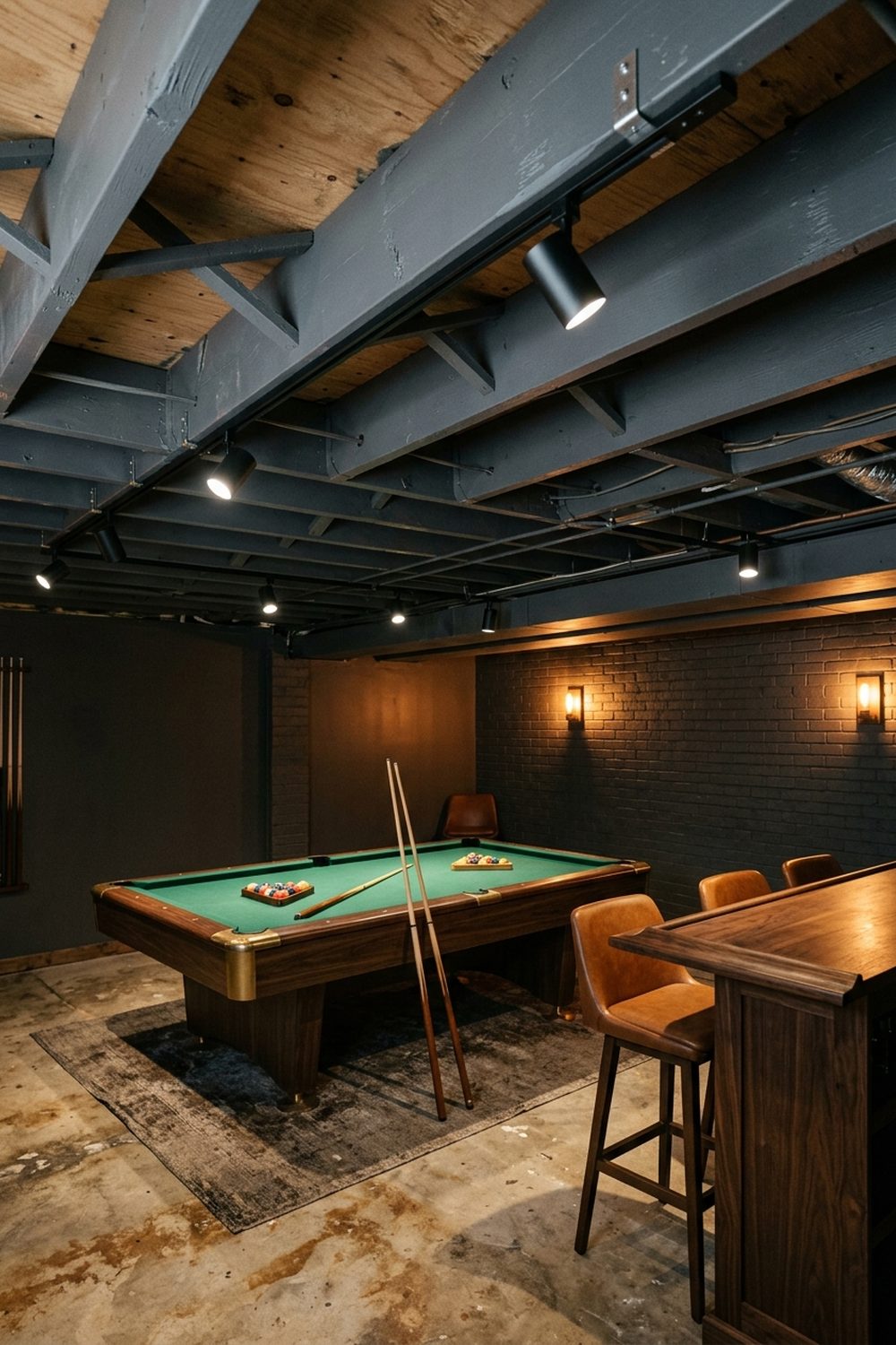 Exposed Ceiling with Track Lighting Basement game room with track lighting mounted on exposed ceiling joists above a pool table and bar area