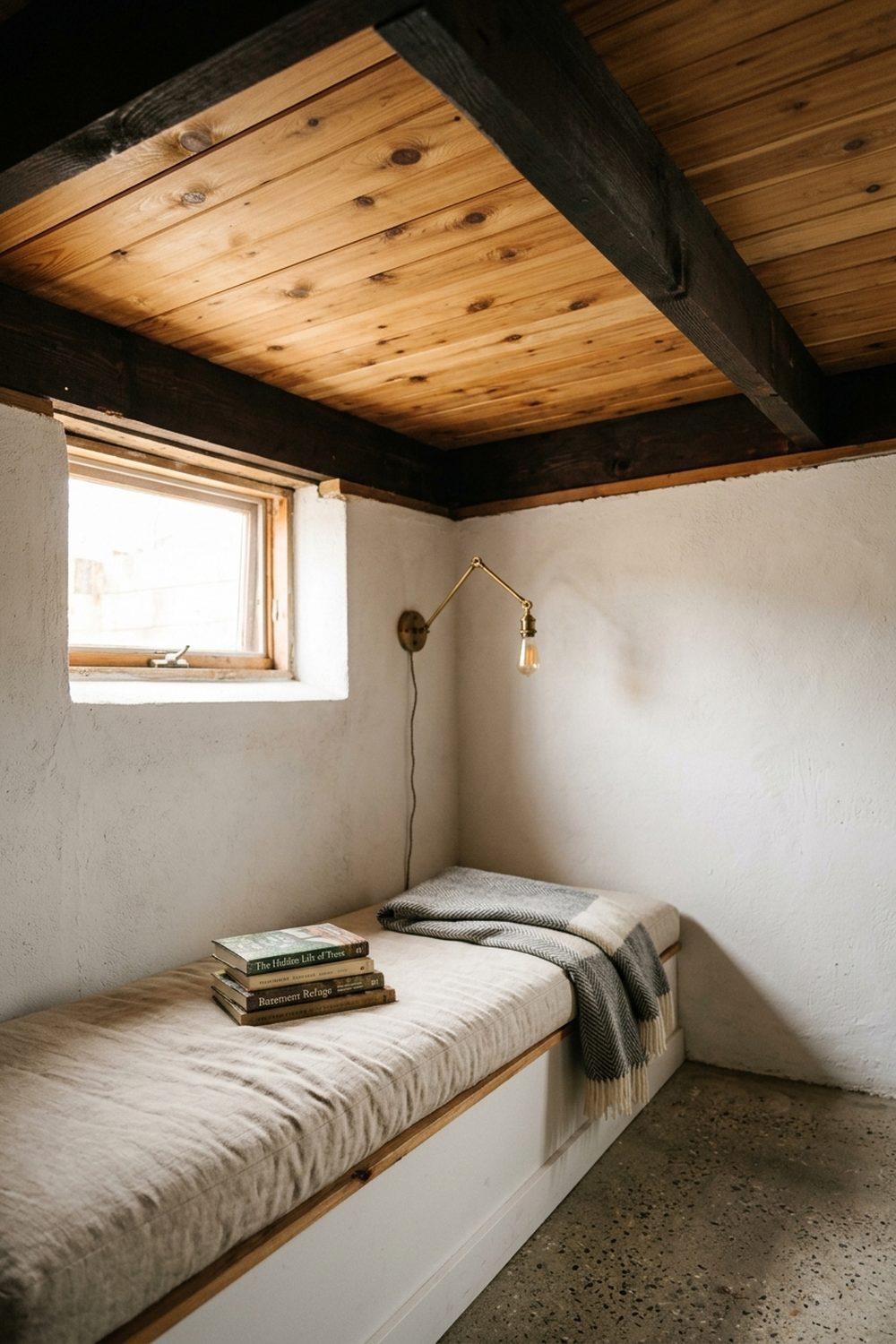 Exposed Ceiling Wood Plank Accents Basement