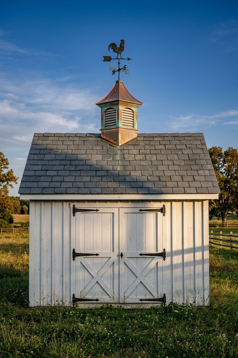 White farmhouse storage shed crowned with a copper cupola and black iron rooster weathervane, slate shingle roof and X braced doors