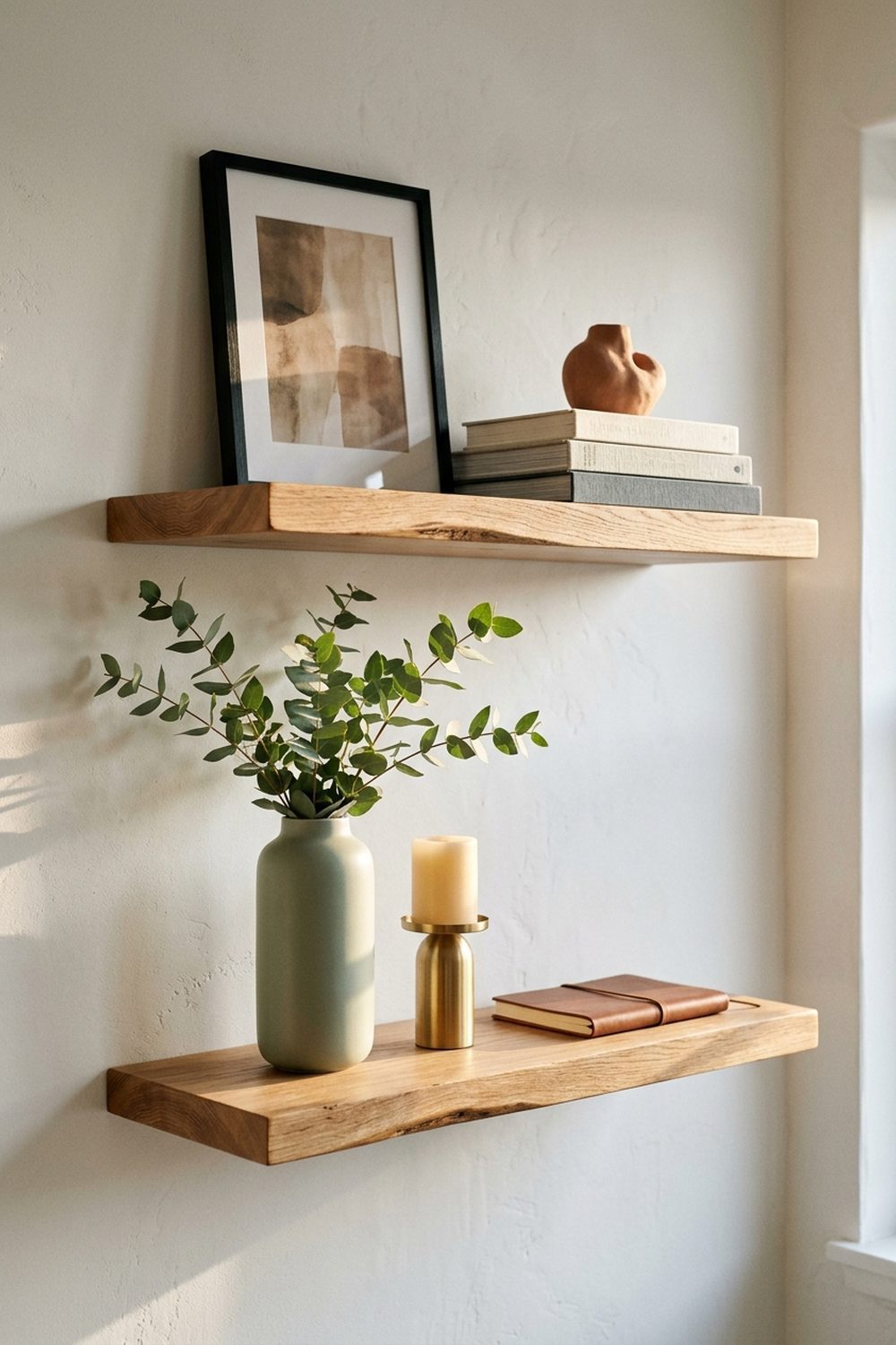 Two natural oak floating shelves styled with a small framed art piece linen-bound books a stoneware vase with eucalyptus a brass candle and a small ceramic sculpture against a soft white wall