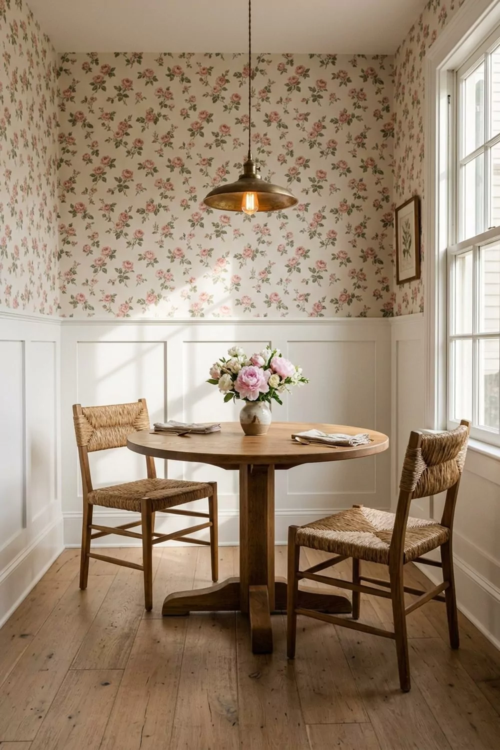 Dining nook with small-scale rose floral wallpaper above crisp white panel wainscoting and oak floor