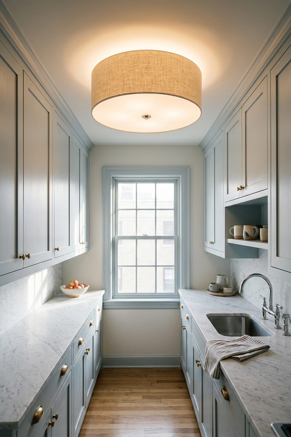 Linen drum flush mount ceiling fixture above a narrow galley kitchen with pale blue gray Shaker cabinets and white marble counters