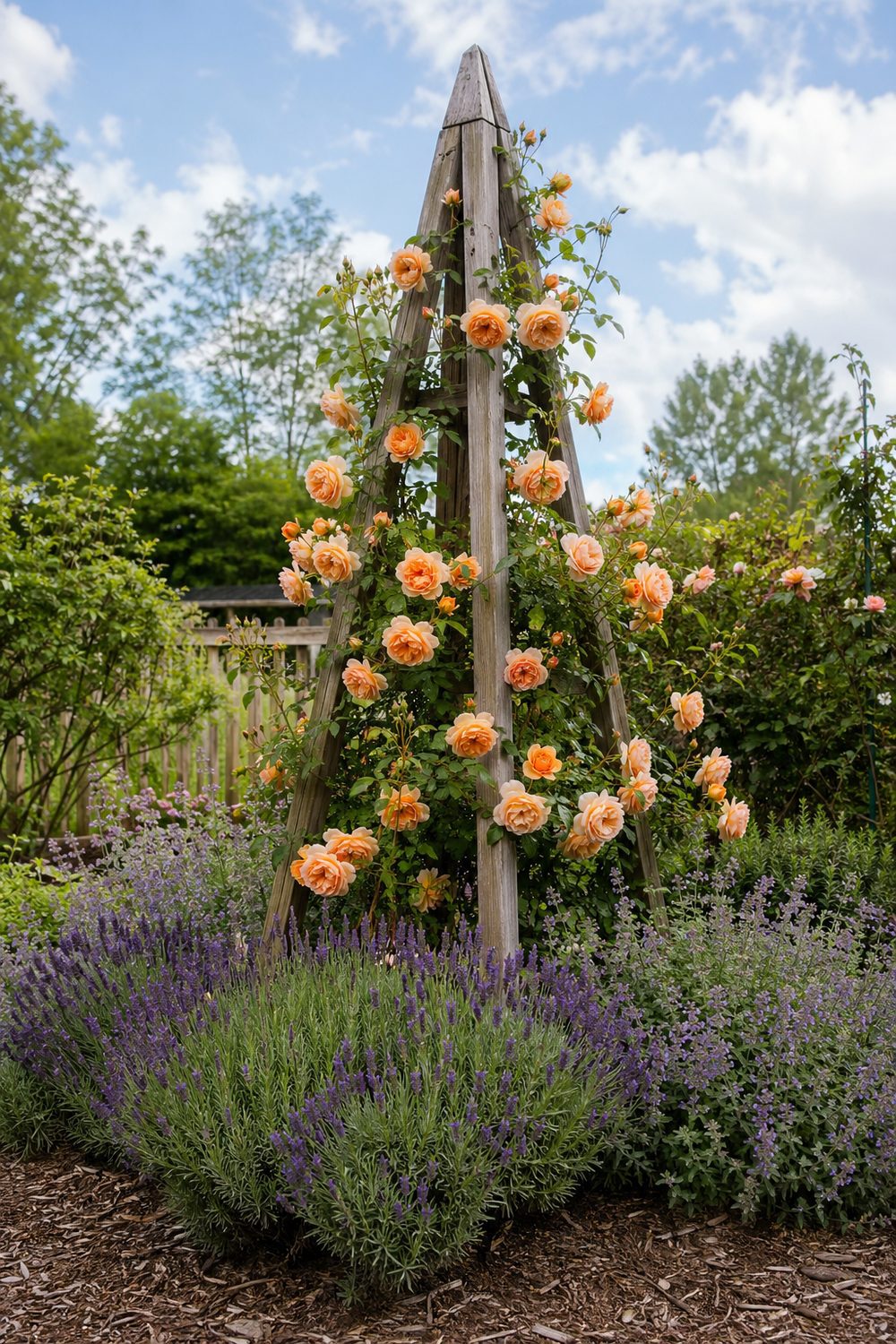 Free standing cedar rose tower trellis with apricot climbing roses spiraling up the four-sided pyramid frame in a sunny perennial garden