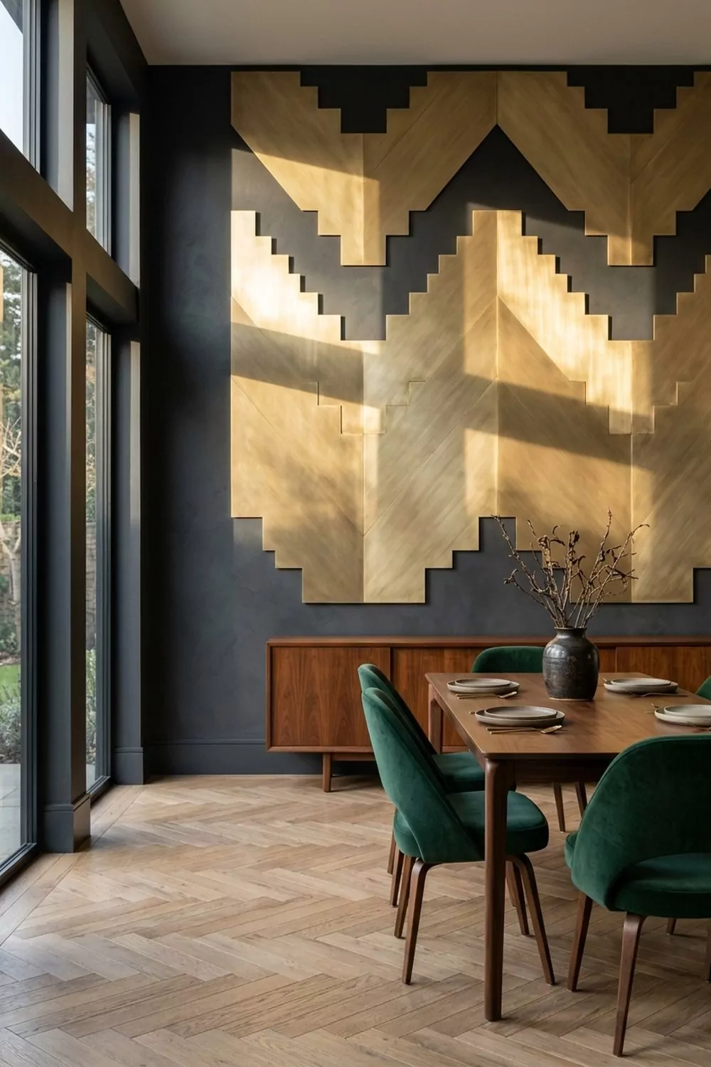 Dramatic dining room with stepped brushed brass geometric gold wall panels on a charcoal backdrop, emerald velvet chairs and herringbone oak floor