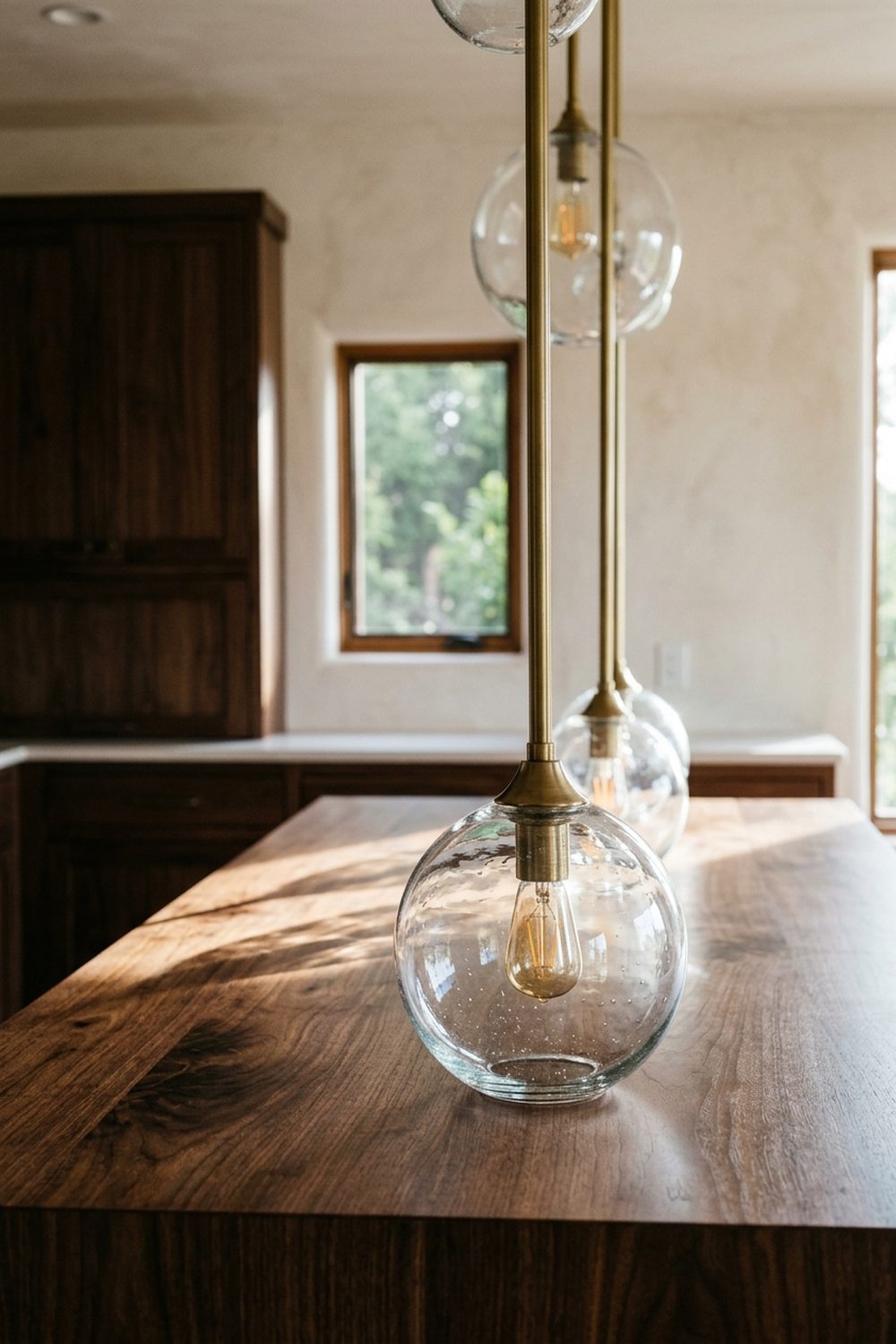 Three clear hand blown glass globe pendants on slim brass stems hanging over a deeply grained walnut waterfall kitchen island