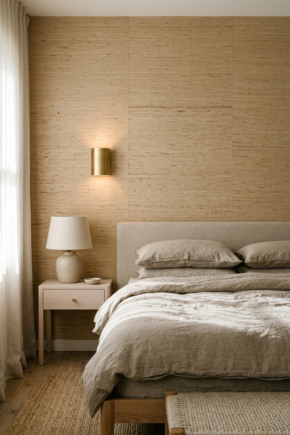 Grasscloth wallpaper coastal accent wall behind a linen upholstered bed, sandy oat colored woven fibers with visible horizontal grass strands, brass sconce, pale wood nightstand