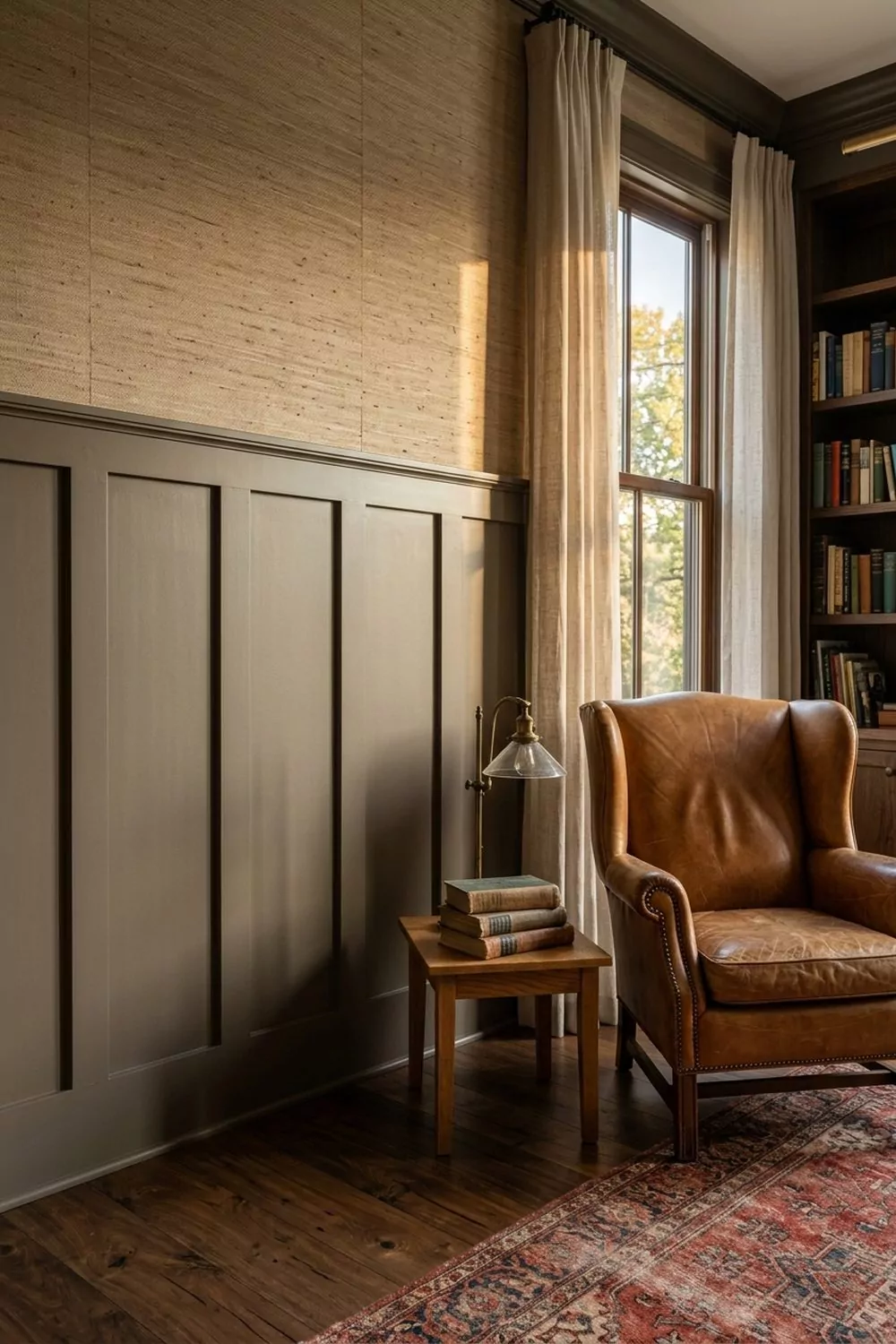 Formal study with warm taupe grasscloth wallpaper above tall painted board and batten wainscoting and a leather wingback chair