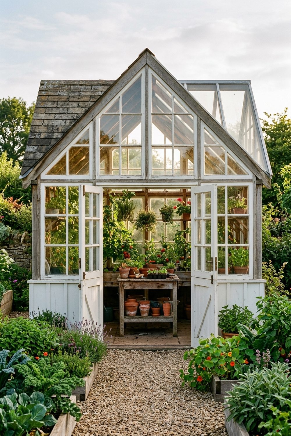 White wood frame greenhouse potting farmhouse shed with glazed gables, terracotta pots and raised vegetable garden beds