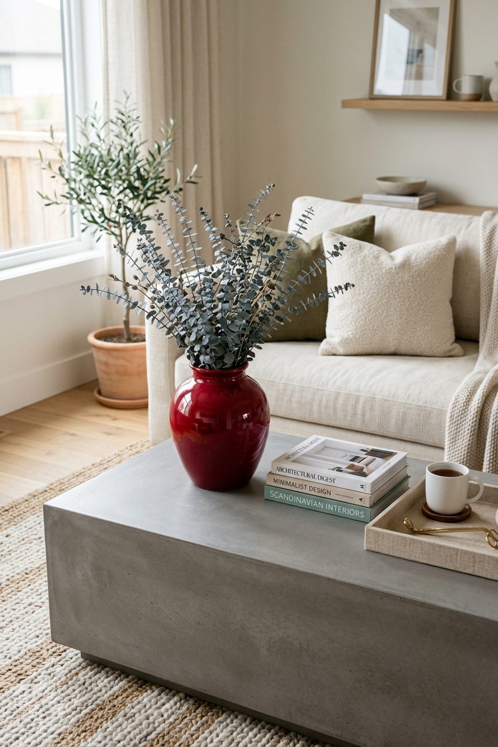 Grey concrete coffee table with a deep crimson red ceramic vase and design books
