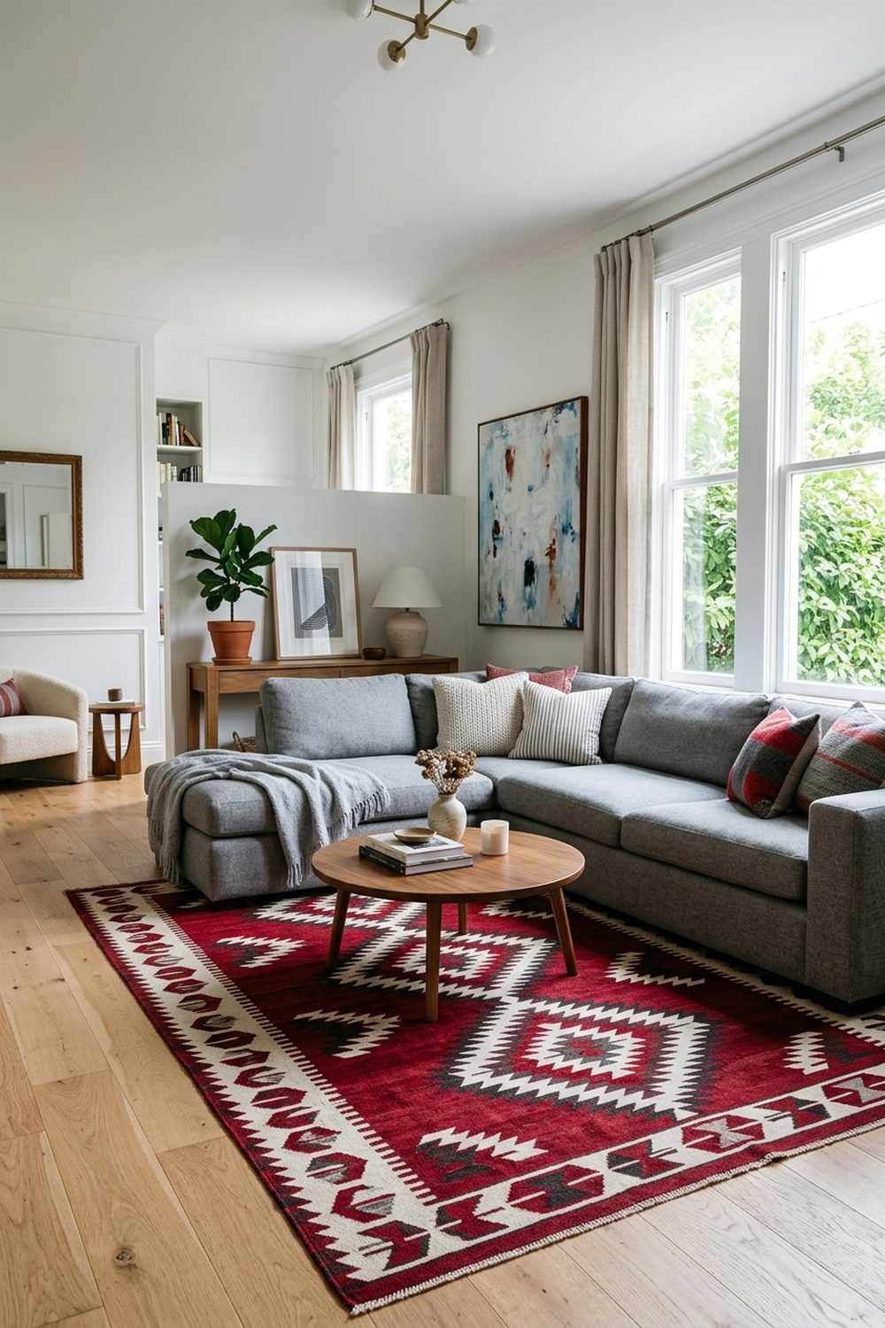 Grey sectional sofa on a red and white geometric patterned area rug in a bright living room