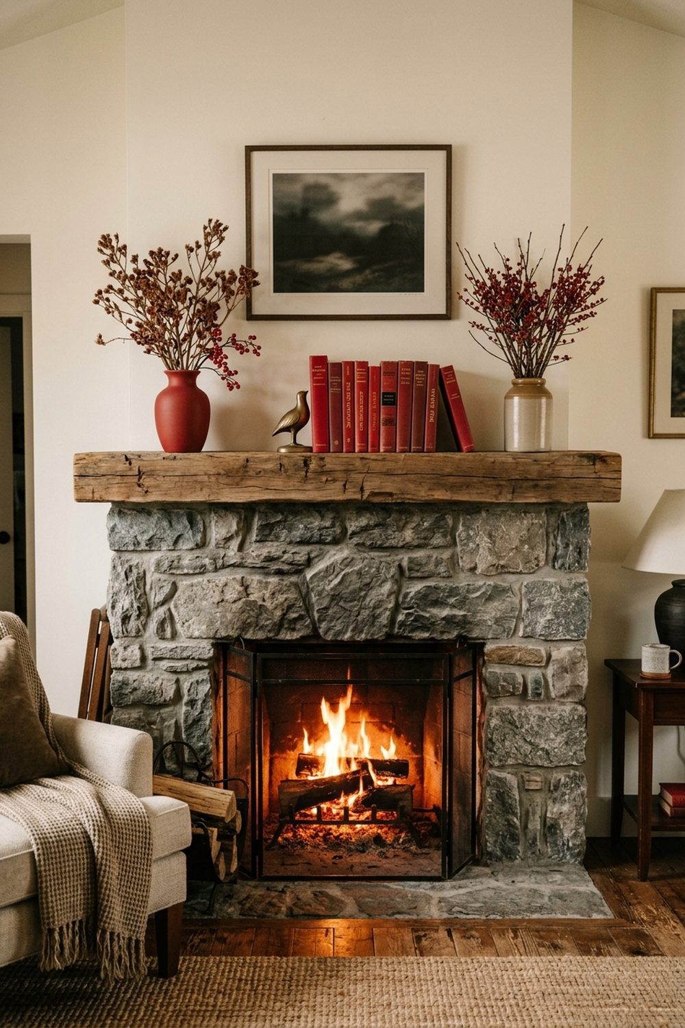 Grey stone fireplace with curated red decor on the mantel including a red vase and books