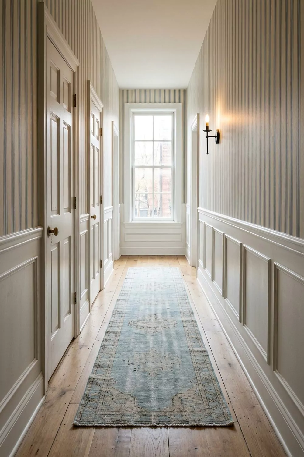 Long narrow hallway with cream-and-soft-blue vertical stripe wallpaper above white wainscoting and a worn runner rug