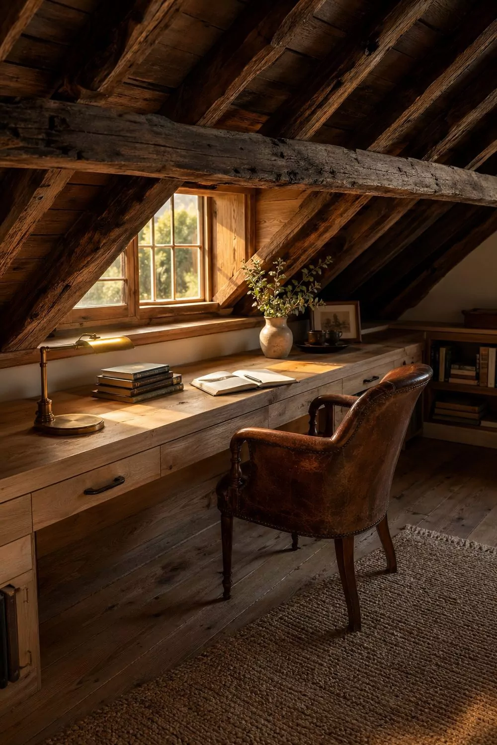 Hayloft conversion barn home office with sloped reclaimed rafters, built in oak desk under dormer window, distressed leather chair, brass desk lamp, books, ceramic vase with eucalyptus