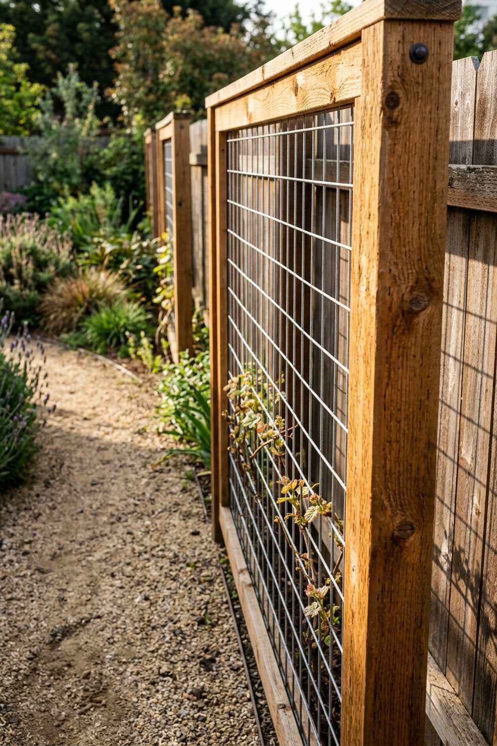 Cedar framed hog wire trellis panel along a side yard with young grape vines and decomposed granite path