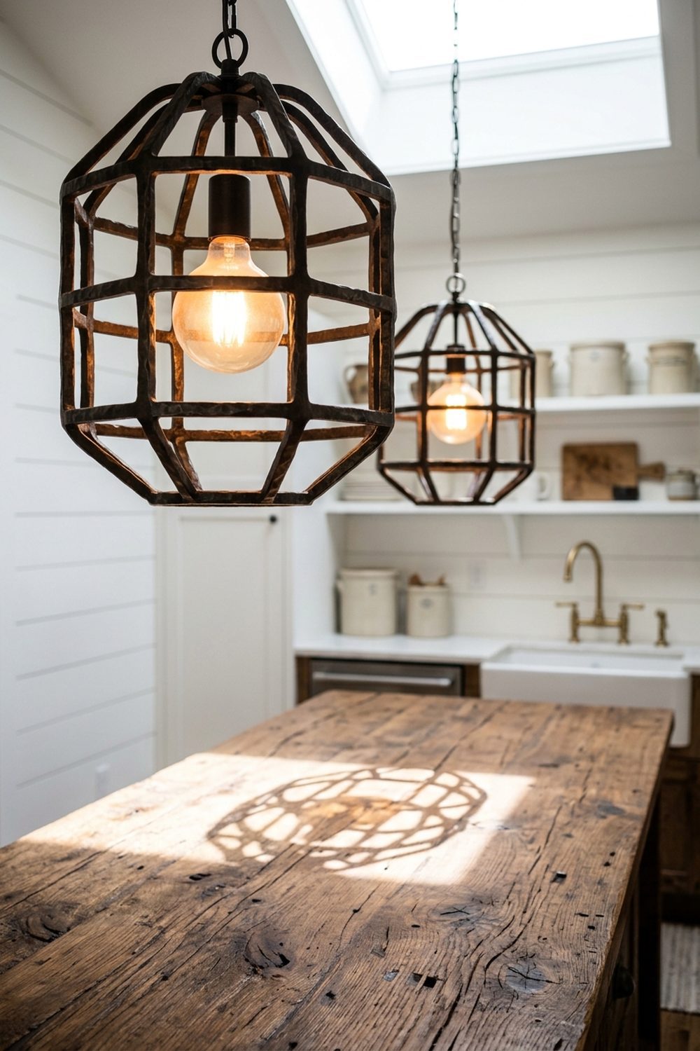 Two oversized oil rubbed bronze cage pendants over a reclaimed barnwood island in a shiplap farmhouse kitchen with apron sink