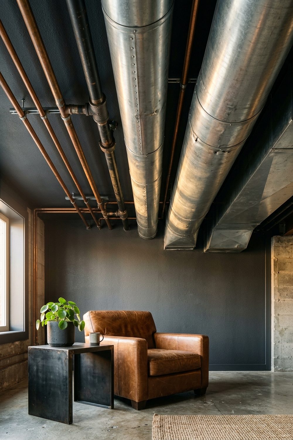 Industrial Exposed Ductwork Basement Ceiling Industrial basement with exposed silver ductwork and copper pipes against a dark charcoal ceiling with cognac leather armchair